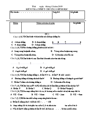 Bộ đề kiểm tra 15 phút Chương I - Hình học Lớp 6 - Năm học 2019-2020